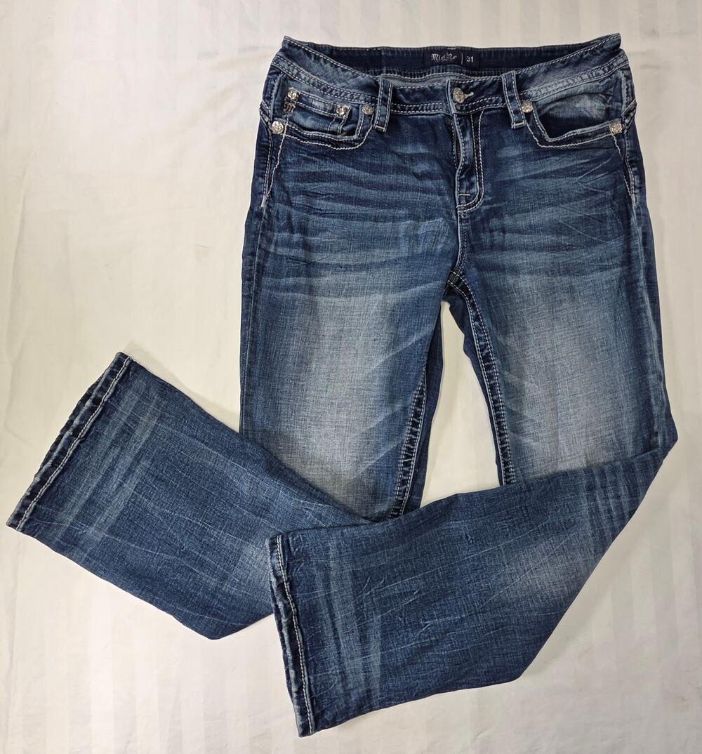 Miss Me Mid-Rise Bootcut Jeans Women Size 31 Embellished Pocket Stretch Blue
